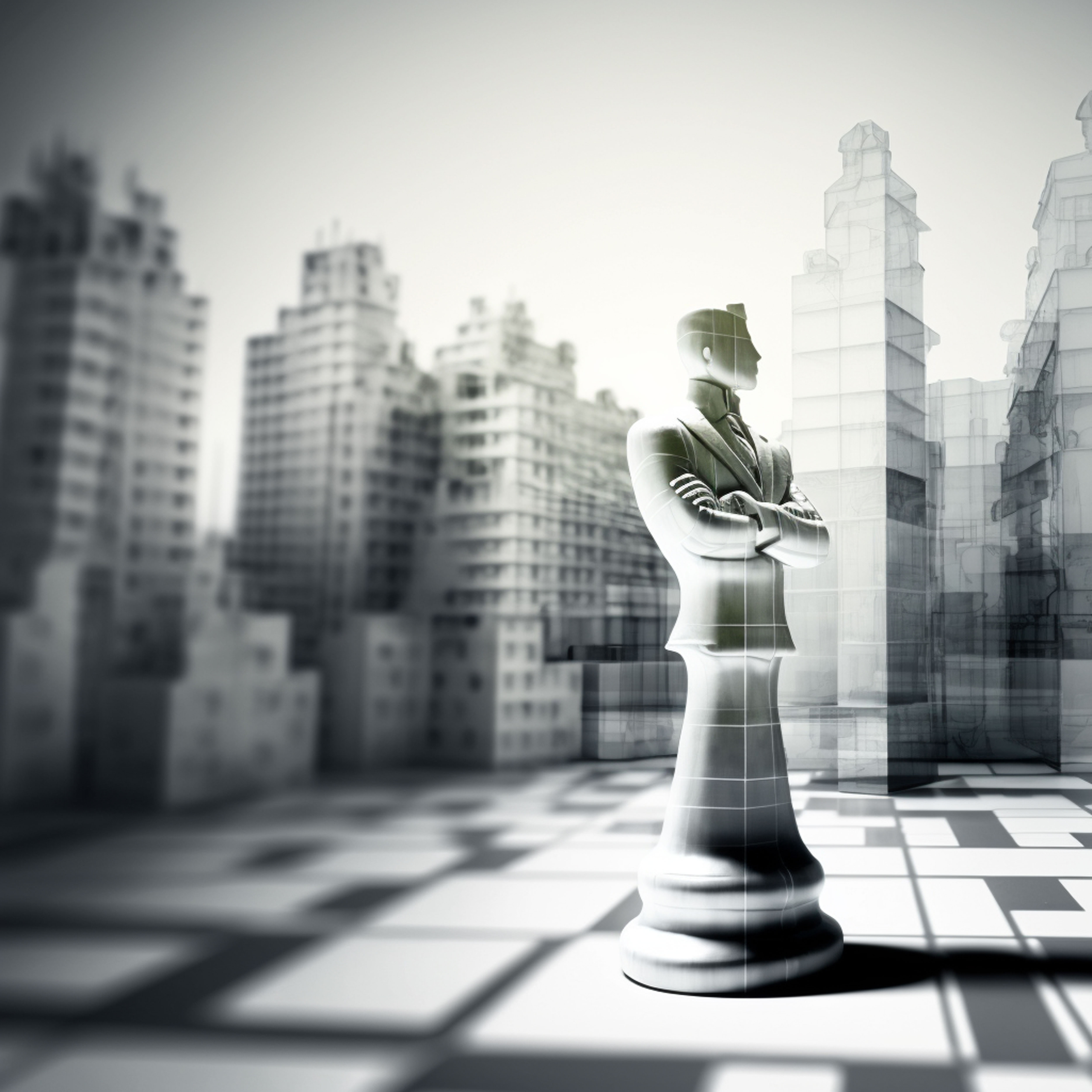 Chess Piece Stands Front Cityscape